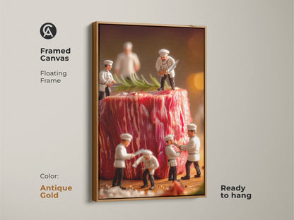 Antique gold framed canvas presenting a whimsical scene of miniature chefs preparing a giant steak. The floating frame adds sophistication to this playful artwork. It is ready to hang and it will bring a unique food-themed touch to your home.