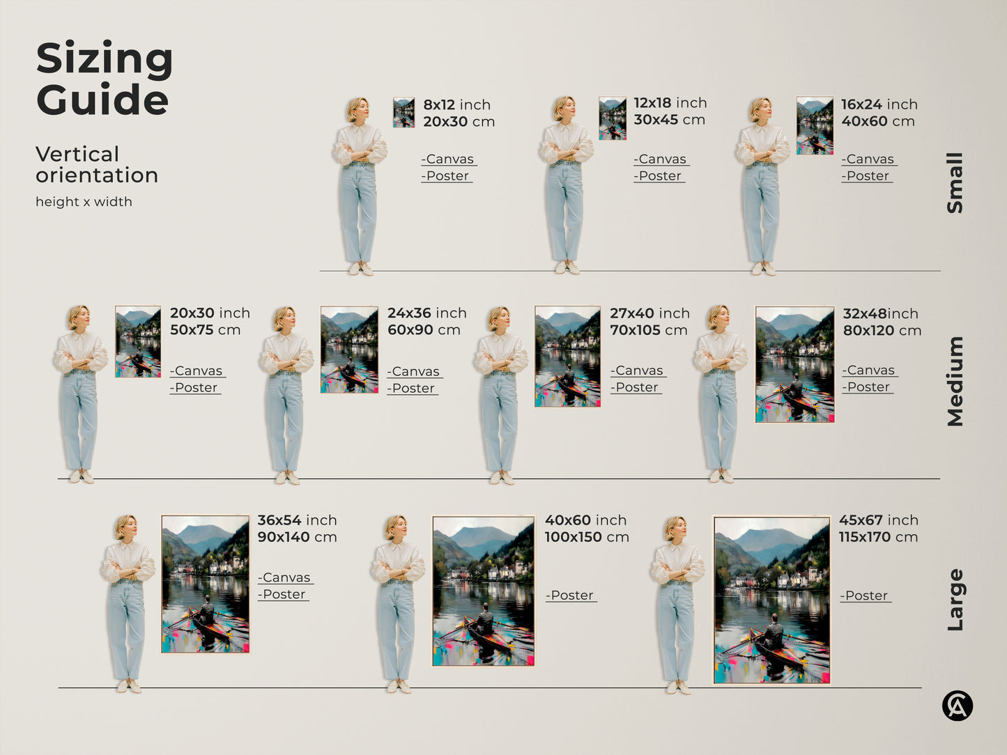 Sizing guide for vertical art orientation; small medium and large canvas and poster print sizes. Art is of a man in a rowboat at lake. Example sizes are 8x12 to 45x67 inches to choose from.