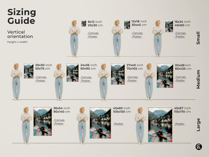Sizing guide for vertical art orientation; small medium and large canvas and poster print sizes. Art is of a man in a rowboat at lake. Example sizes are 8x12 to 45x67 inches to choose from.