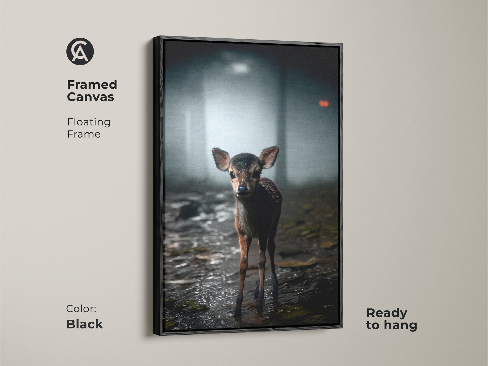 A framed canvas with a floating frame showcases a photorealistic baby deer. Set in a misty forest this rustic woodland wall decor brings nature indoors. The black frame complements the earthy tones. Ready to hang it's an ideal animal nursery artwork.