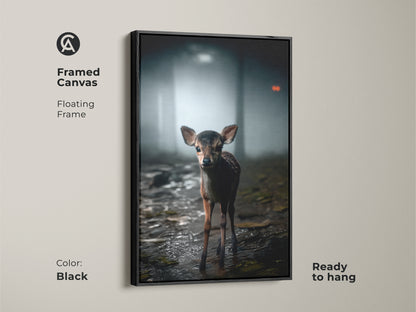 A framed canvas with a floating frame showcases a photorealistic baby deer. Set in a misty forest this rustic woodland wall decor brings nature indoors. The black frame complements the earthy tones. Ready to hang it's an ideal animal nursery artwork.