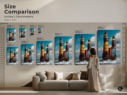 Size comparison for steampunk lighthouse art prints in inches and centimeters. Industrial nautical coastal wall art options range from small to extra-large canvas. See how it will look in your living room.