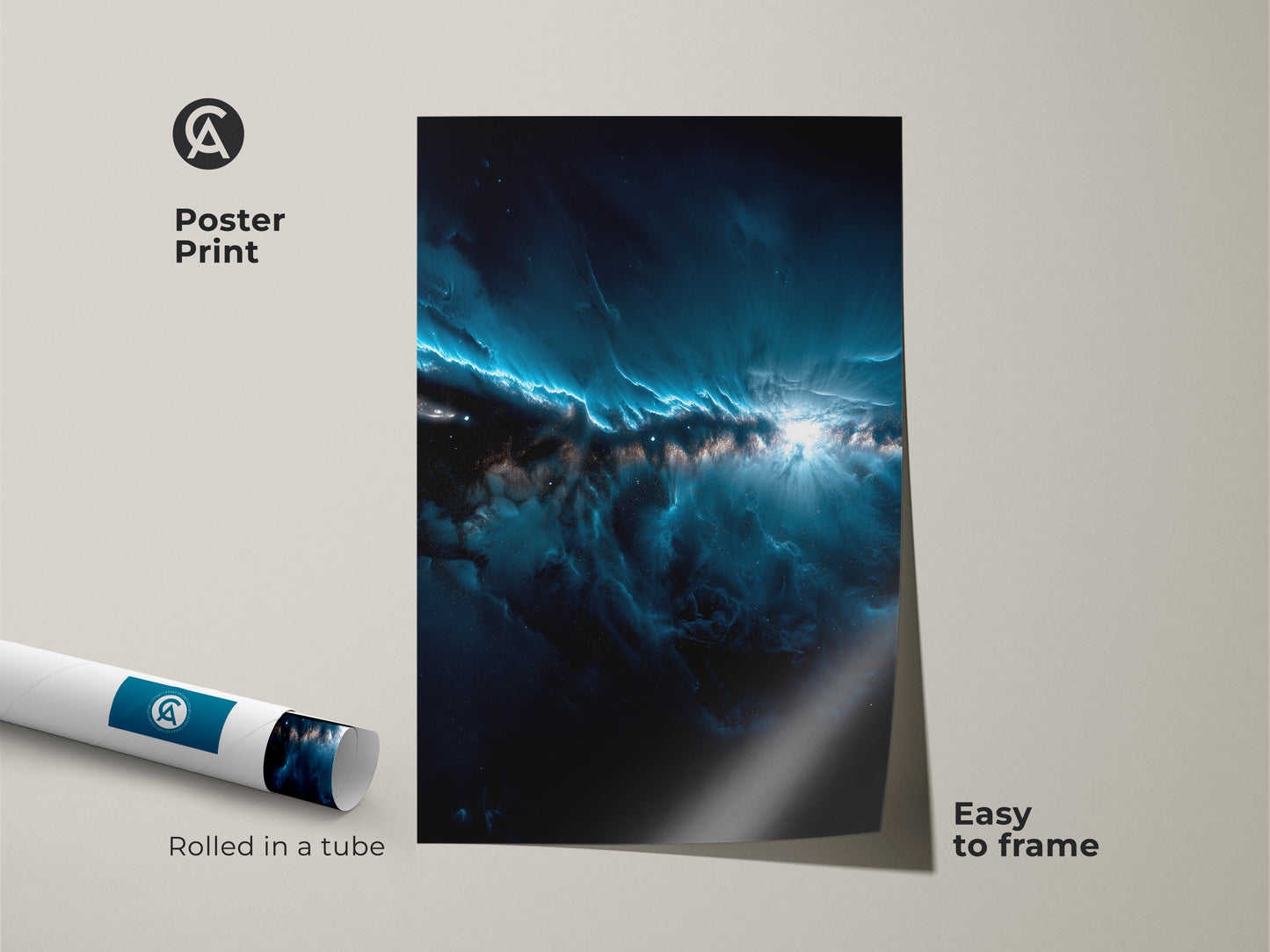 This is a poster print of a nebula artwork. The art features shades of dark blue and white. The poster is easy to frame. It arrives rolled in a tube for protection. Add this museum-quality print to your collection today