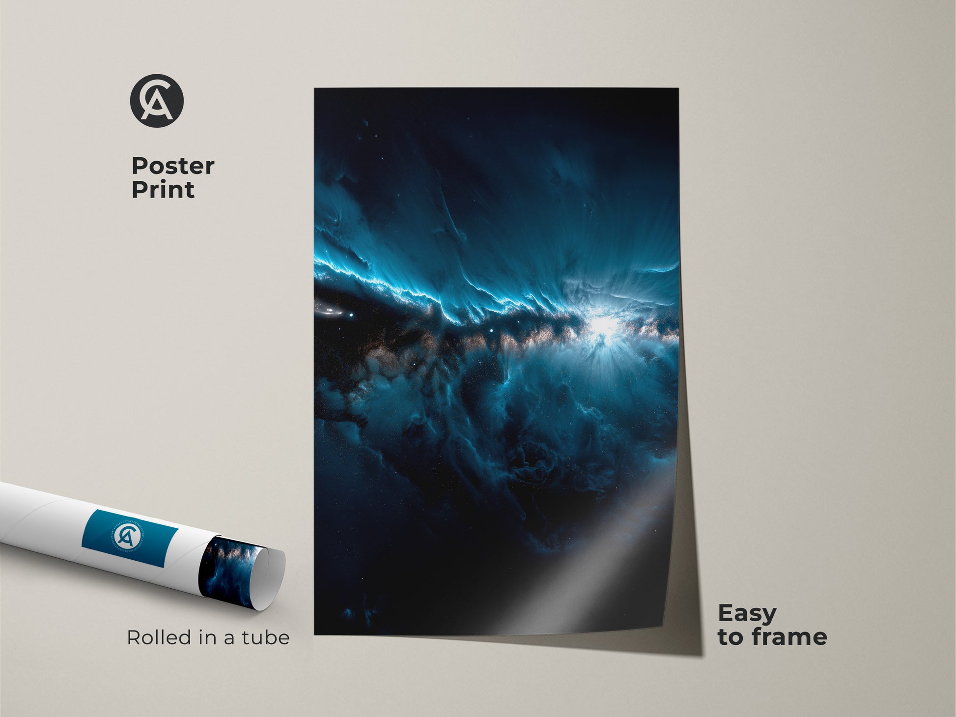 This is a poster print of a nebula artwork. The art features shades of dark blue and white. The poster is easy to frame. It arrives rolled in a tube for protection. Add this museum-quality print to your collection today