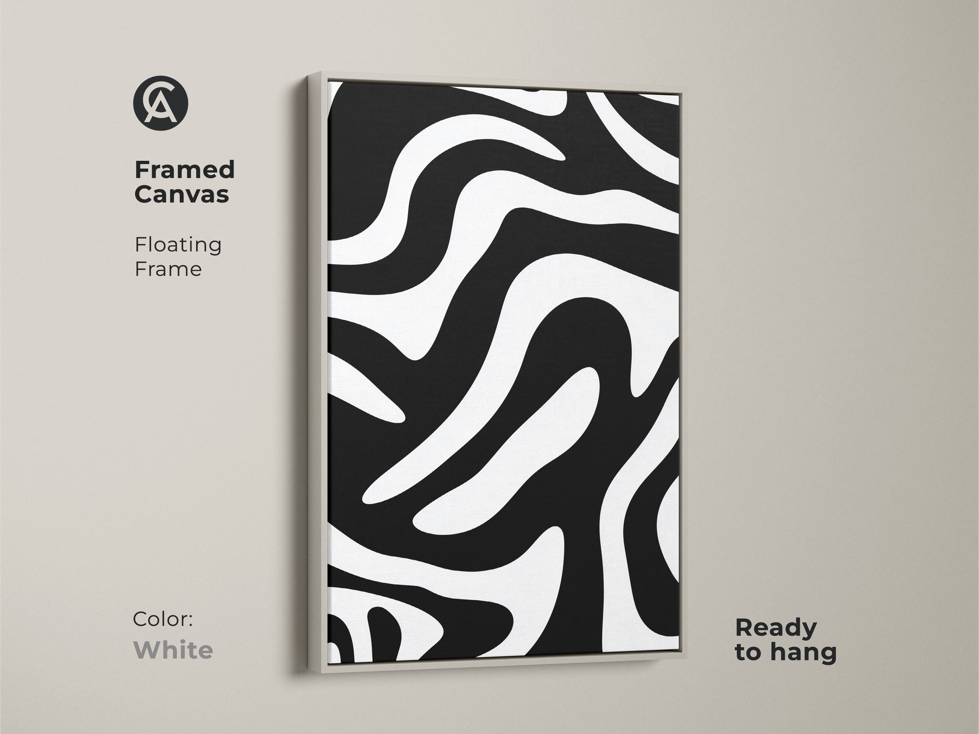Framed canvas showcases an abstract zebra pattern with a white floating frame. This minimalist art complements contemporary interiors. The black and white print is ready to hang.