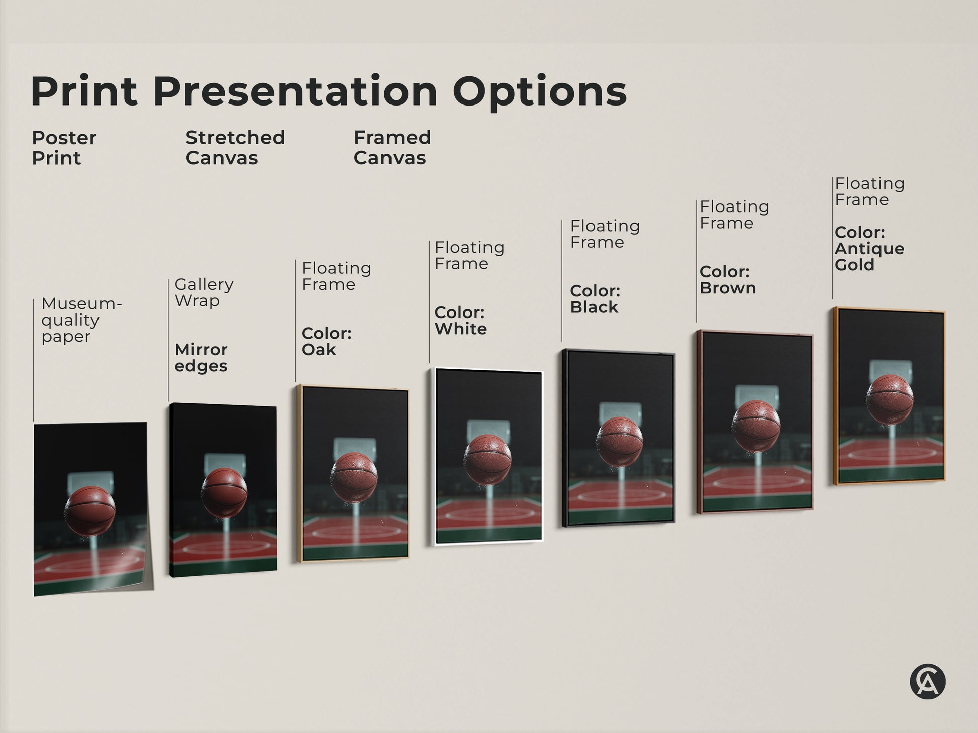 Print presentation options for basketball artwork. Choose from poster print stretched canvas and framed canvas. Gallery wrap and floating frame options are available. This museum-quality paper brings a modern vibe to any man cave or office. It makes a great gift.