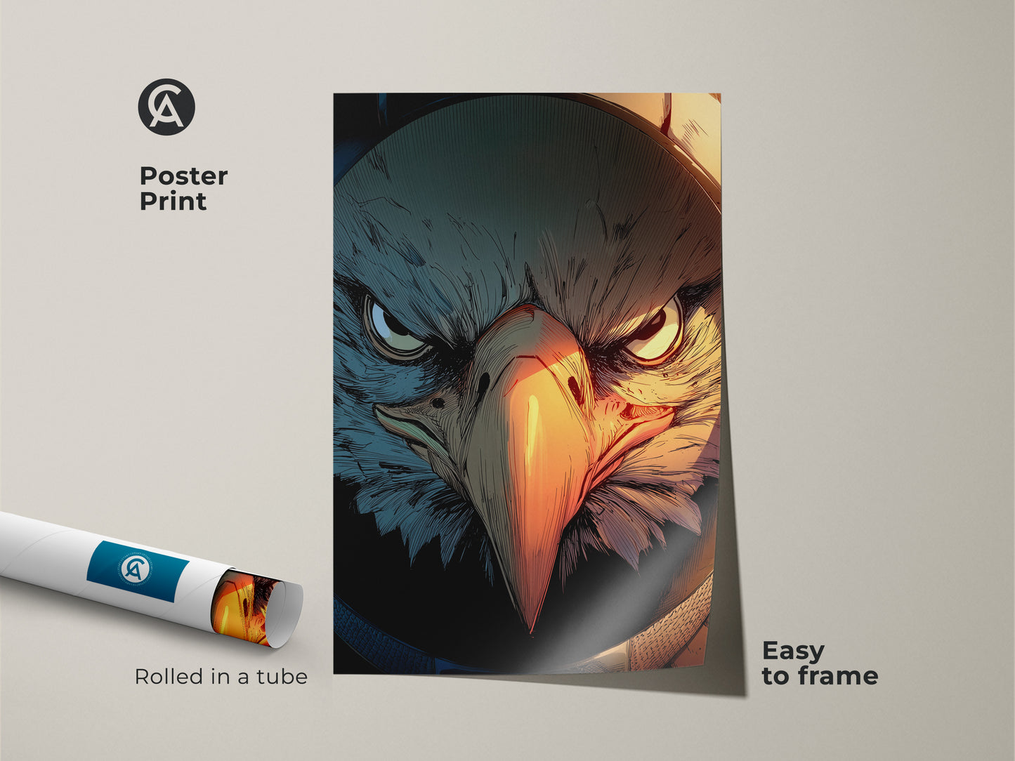 A rolled poster print of a Griffin artwork is shown. This fantasy eagle wall decor is easy to frame. The mythological creature art will make a unique birthday gift. The teal and orange colors add an eclectic vibe. Perfect for a gamer room.