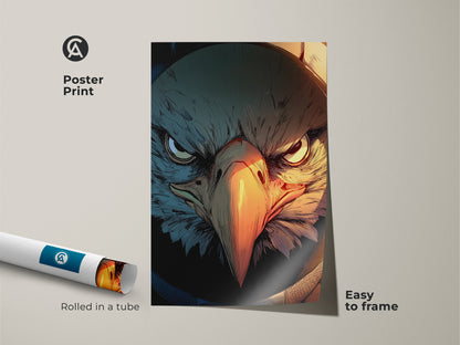 A rolled poster print of a Griffin artwork is shown. This fantasy eagle wall decor is easy to frame. The mythological creature art will make a unique birthday gift. The teal and orange colors add an eclectic vibe. Perfect for a gamer room.