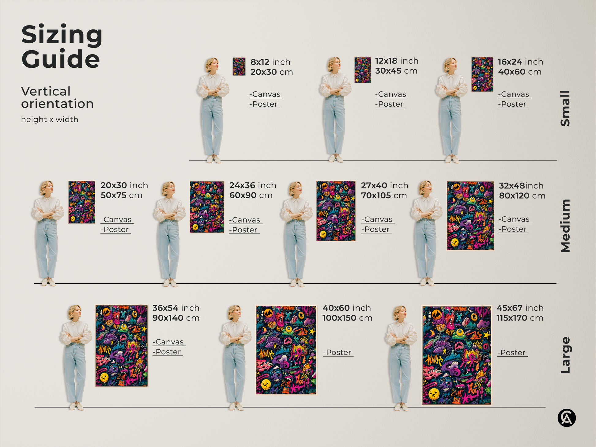 Sizing guide for vertical graffiti art prints. Available in small medium and large sizes. Choose from canvas or poster prints. Visualize the perfect fit for your space. Find the ideal size to showcase this vibrant artwork in your home or office today.