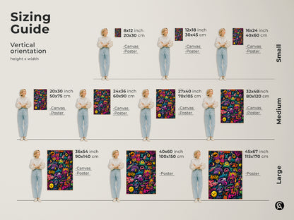 Sizing guide for vertical graffiti art prints. Available in small medium and large sizes. Choose from canvas or poster prints. Visualize the perfect fit for your space. Find the ideal size to showcase this vibrant artwork in your home or office today.