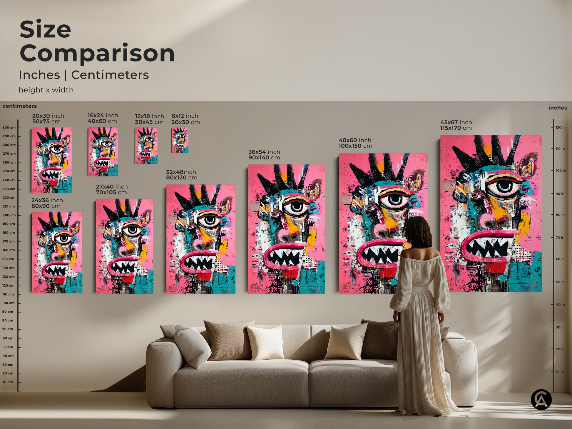 Compare art sizes easily. This image shows various sizes in inches and centimeters. The abstract face artwork looks great in any space. From small to large art prints are available. Find the perfect fit for your home or office today.