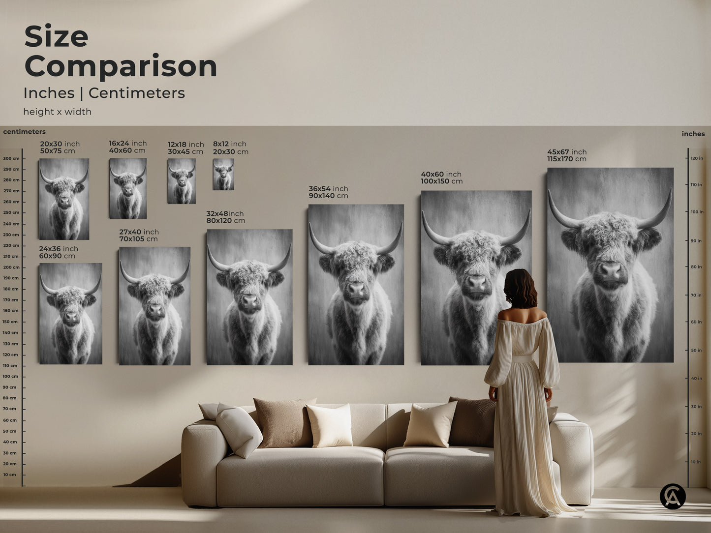 Size comparison featuring the monochrome highland cow art print in various sizes. Displayed above a sofa to showcase scale. This rustic farmhouse decor enhances any living room canvas art. Perfect as a gift for cow lovers.