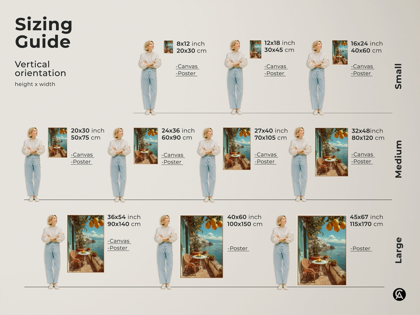 Sizing guide for vertical Mediterranean lemon art prints. Available in small medium and large sizes. Choose from canvas or poster options to fit your space. Perfect for adding coastal charm with yellow orange and blue hues. Find the ideal size for your travel lover housewarming gift and bring the beauty of the Mediterranean home.