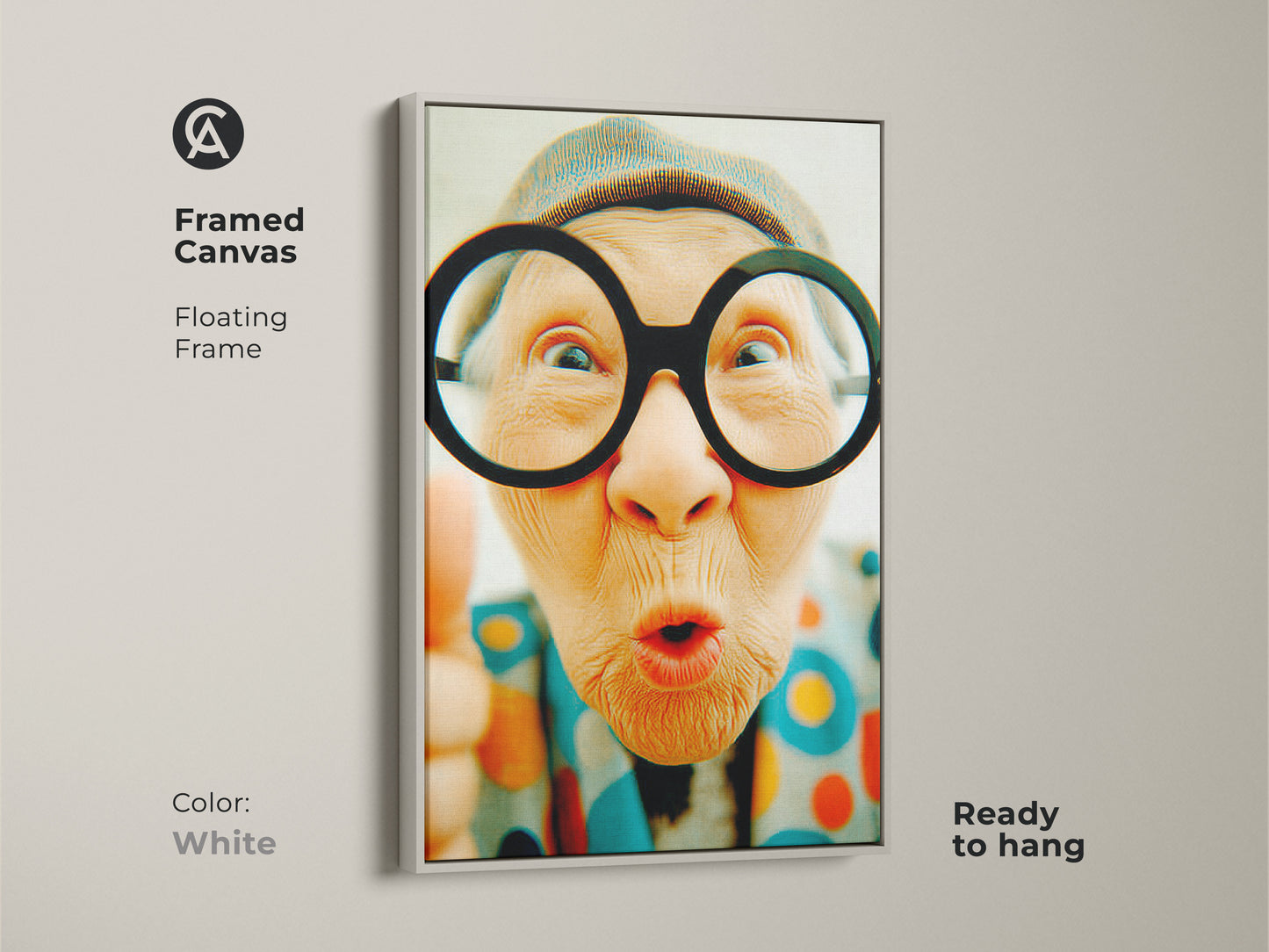 Framed canvas artwork of a senior woman with funny glasses. The artwork features a clean white floating frame. This contemporary piece is ready to hang perfect for adding a modern touch to any room.