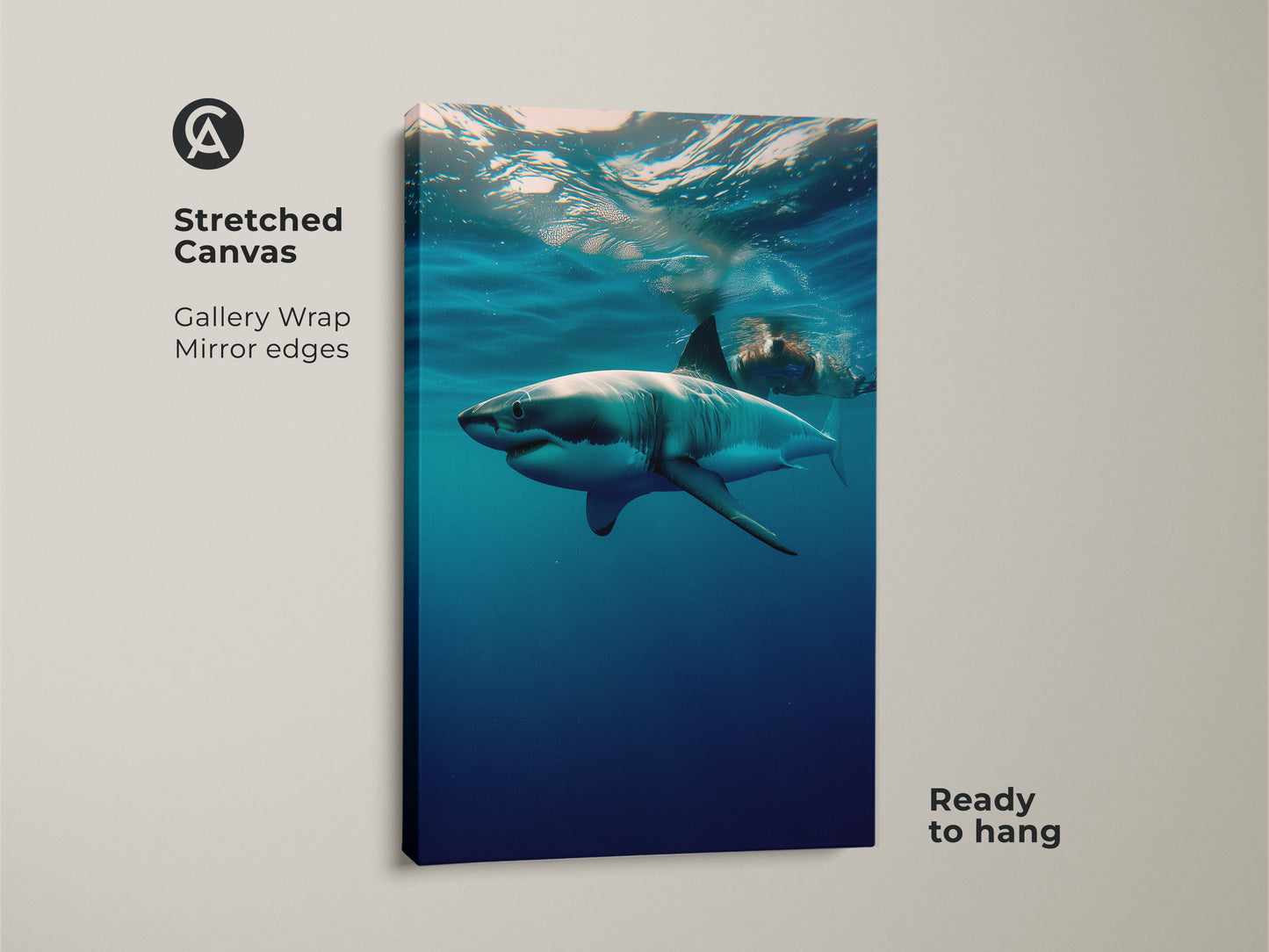 Stretched canvas of an Underwater Great White Shark art print. The gallery wrap and mirror edges enhance the ocean wildlife photography. This blue ocean animal print is ready to hang. It will bring contemporary shark decor to your bedroom wall.