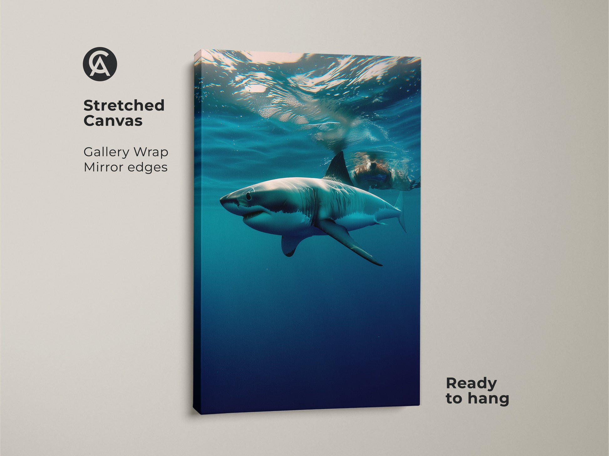 Stretched canvas of an Underwater Great White Shark art print. The gallery wrap and mirror edges enhance the ocean wildlife photography. This blue ocean animal print is ready to hang. It will bring contemporary shark decor to your bedroom wall.