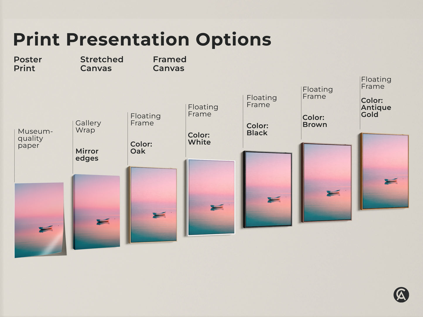 Print presentation options for coastal artwork. Choose from poster prints stretched canvas or framed canvas. Customize your fine art with different floating frame colors. Museum quality paper is used.