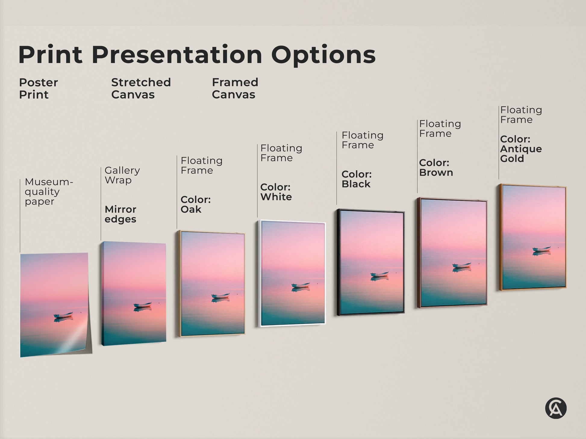 Print presentation options for coastal artwork. Choose from poster prints stretched canvas or framed canvas. Customize your fine art with different floating frame colors. Museum quality paper is used.