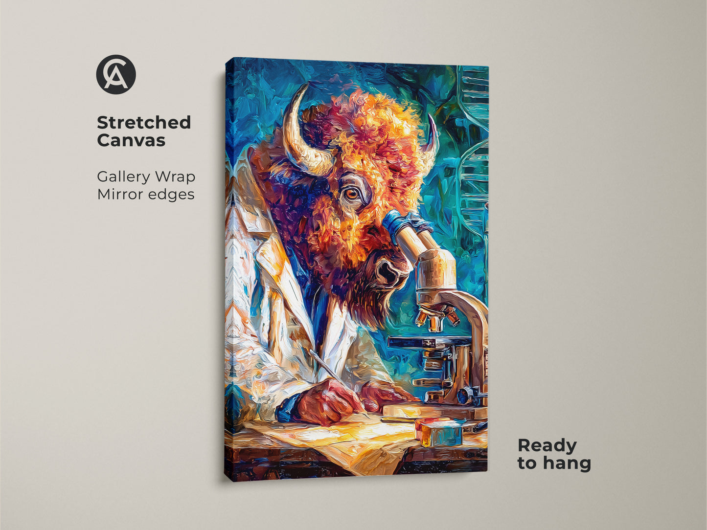 Stretched canvas artwork of a bull scientist. The bull is wearing a lab coat. He is looking into a microscope. The art is ready to hang. It features gallery wrap mirror edges. This painting is a unique piece.