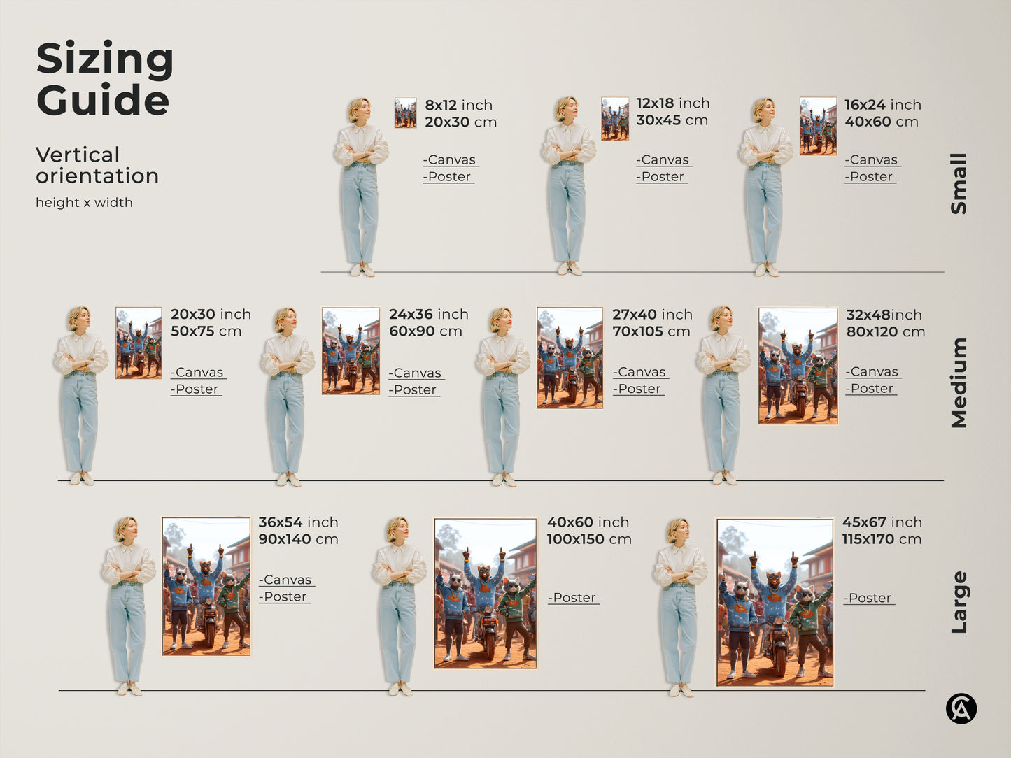 Sizing guide for vertical cat art. Options include canvas and poster. Choose from sizes like 8x12 inch 20x30 cm to 45x67 inch 115x170 cm. Find the perfect size to complement your space with this unique artwork.