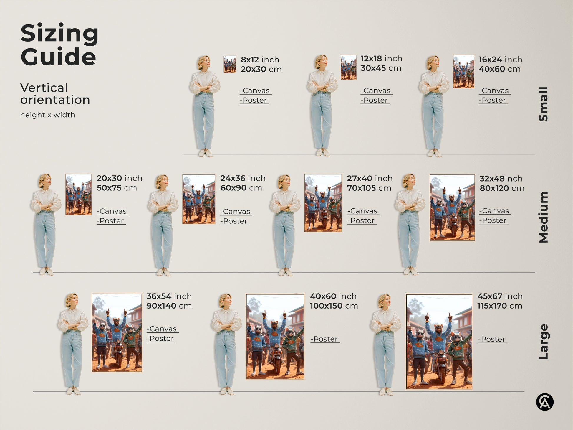 Sizing guide for vertical cat art. Options include canvas and poster. Choose from sizes like 8x12 inch 20x30 cm to 45x67 inch 115x170 cm. Find the perfect size to complement your space with this unique artwork.