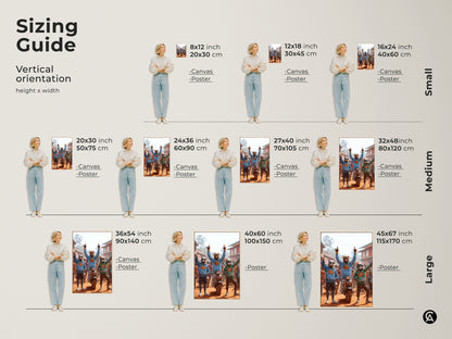 Sizing guide for vertical cat art. Options include canvas and poster. Choose from sizes like 8x12 inch 20x30 cm to 45x67 inch 115x170 cm. Find the perfect size to complement your space with this unique artwork.