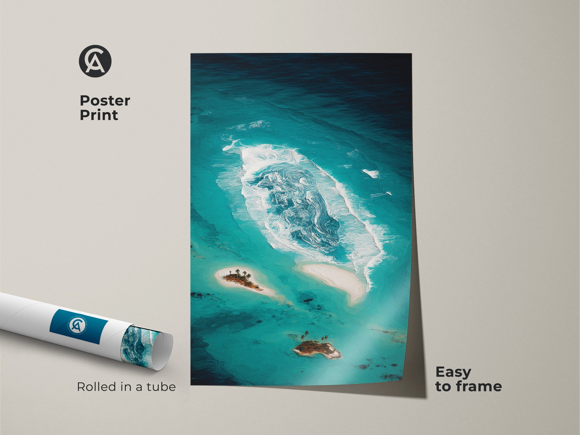 A poster print displays an abstract teal ocean with a coastal island landscape. Rolled in a tube it's easy to frame. The tropical beach artwork features deep teal and aqua tones. This turquoise ocean print adds serenity to any room.