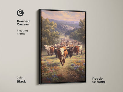 Black framed canvas of longhorn cattle art. The realistic landscape canvas brings western charm. Ideal farmhouse decor to any room. Floating frame makes it ready to hang. Perfect for ranch style decor.