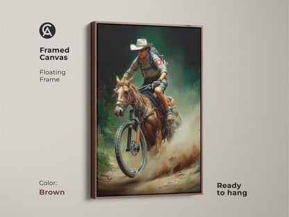 Framed canvas art print featuring a cowboy on horseback with a mountain bike. A brown floating frame enhances this rustic outdoor adventure artwork. Ready to hang this digital painting blends western and cycling themes. Perfect for adding character to your entryway or home office. It has earthy colors