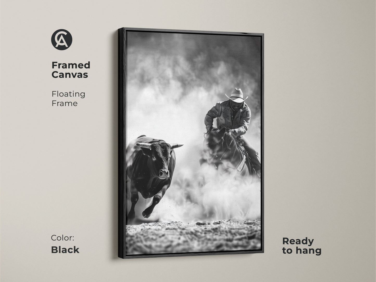 Framed canvas art displays a cowboy riding a bull. The Western action scene print is monochrome cowboy decor. This grayscale bull art is perfect for a man cave. Ready to hang with a floating frame in black.