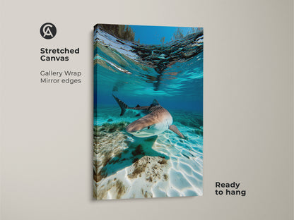 Stretched canvas print of an underwater Tiger Shark. This wildlife artwork showcases a shark swimming in aqua turquoise ocean waters. Gallery wrapped with mirror edges this coastal artwork is ready to hang. Ideal for beach house decor and marine biology enthusiasts.