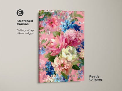 Stretched canvas art showcasing romantic floral artwork. The pink peony and blue daisy botanical print is ideal for boho decor. Ready to hang the gallery-wrapped canvas with mirrored edges brings nature indoors. Perfect living room or bedroom floral art.