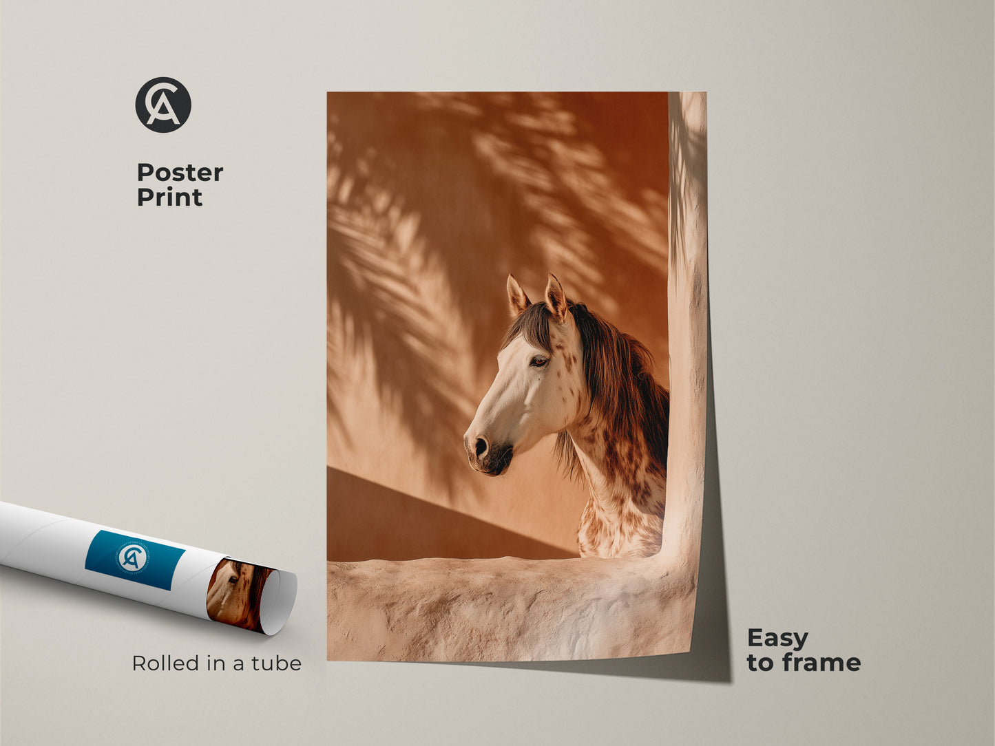 Boho horse art poster print rolled in a tube. This terracotta animal print is easy to frame. The photorealistic horse and palm fronds create stylish equestrian decor. Perfect for horse lovers seeking natural wildlife artwork. This desert horse art print enhances any space.