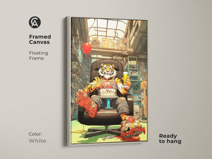 Framed canvas with a white floating frame showcases a surreal pop art tiger. This ready to hang piece adds an eclectic vibe to office decor. The orange red yellow artwork is a unique animal print and a perfect birthday gift for any tiger lover.