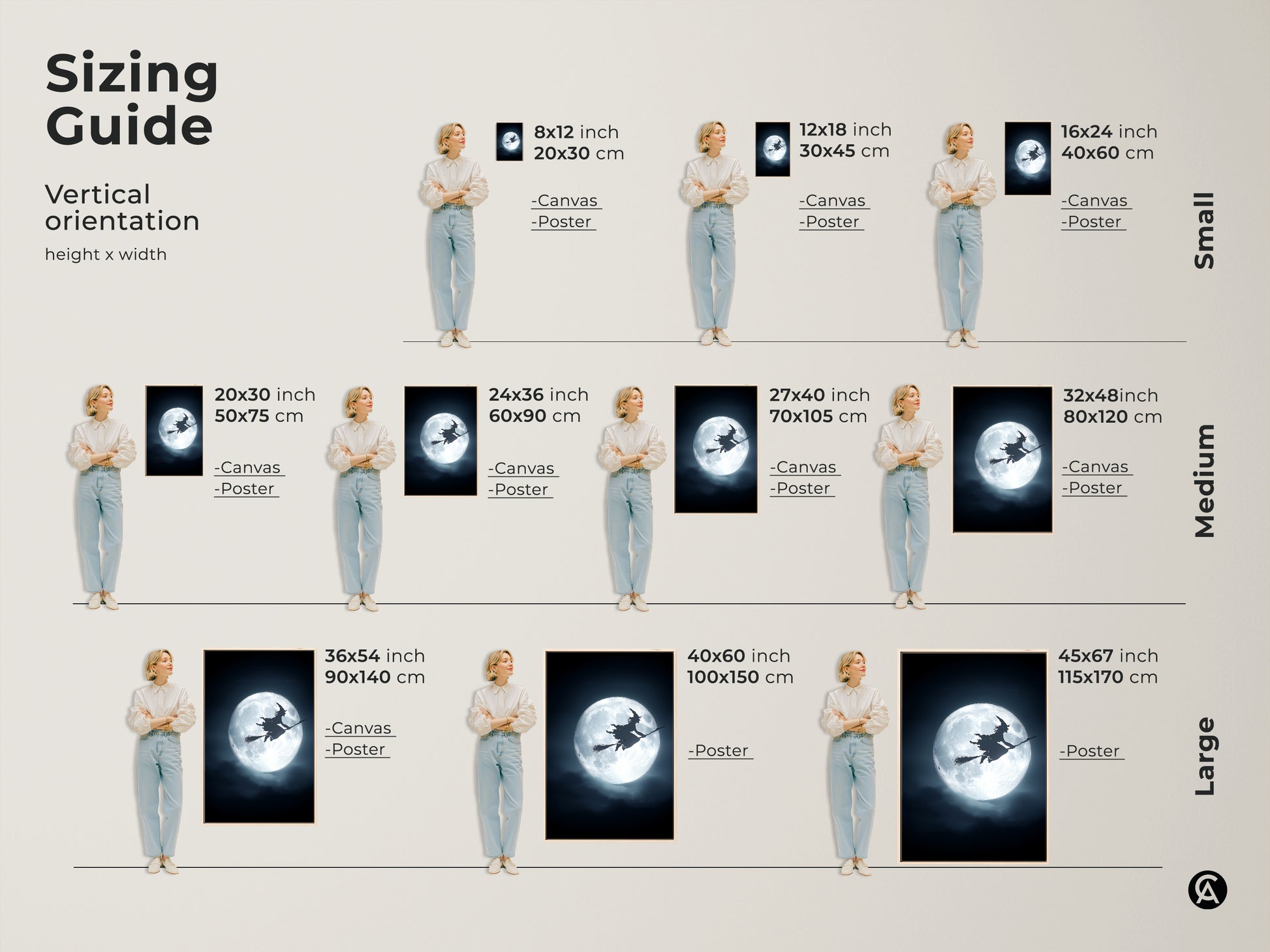 Sizing guide for vertical gothic Halloween fantasy art prints. It shows how the witch on a broomstick silhouetted against a full moon artwork looks in different sizes. Available as both canvas and poster prints.