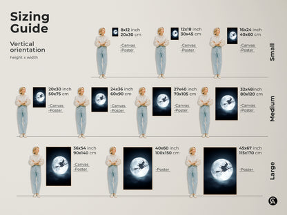 Sizing guide for vertical gothic Halloween fantasy art prints. It shows how the witch on a broomstick silhouetted against a full moon artwork looks in different sizes. Available as both canvas and poster prints.