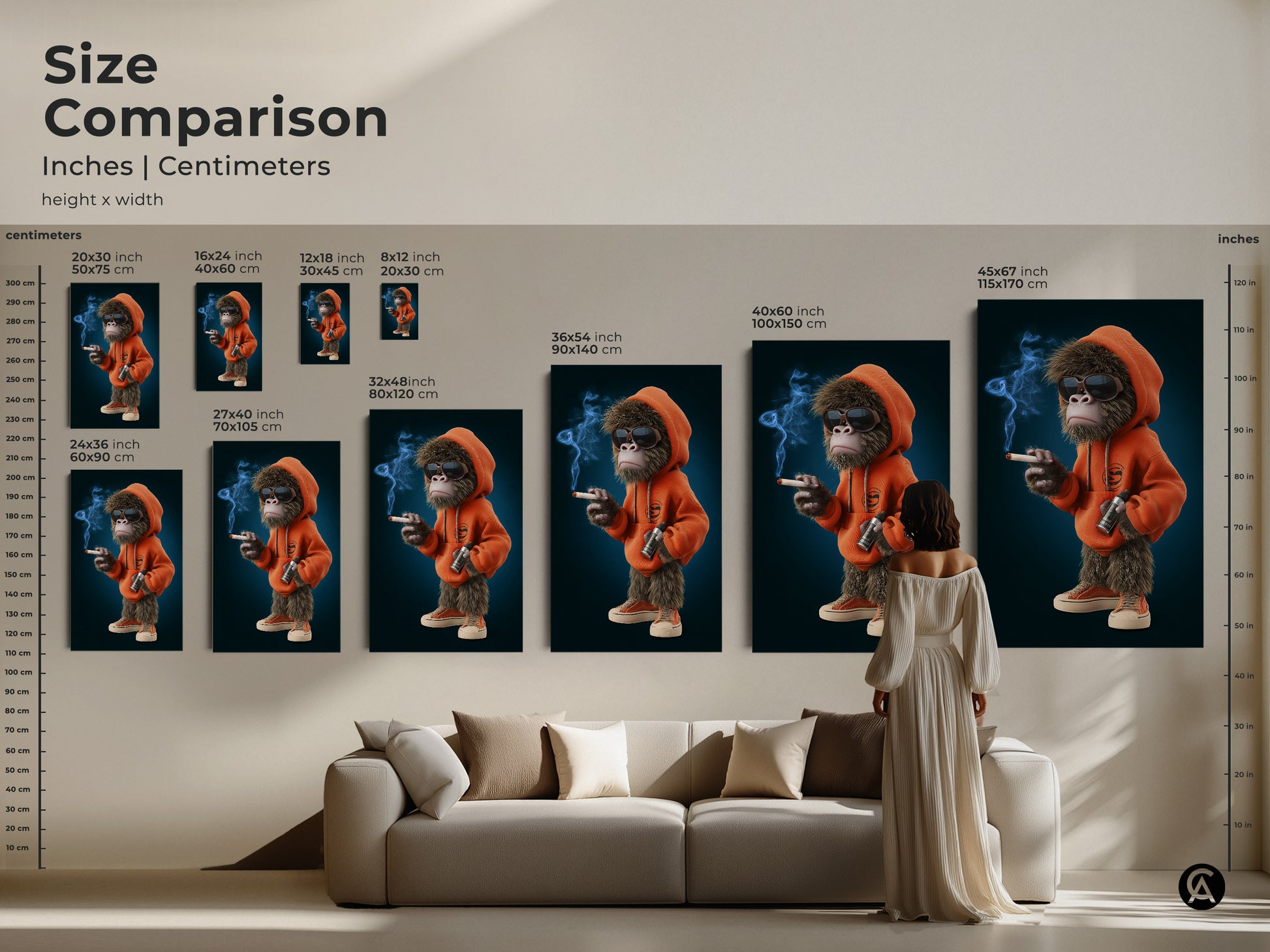 Size comparison of streetwear monkey prints. See how the cartoon animal artwork fits above a couch. Various sizes from small to large are available. The orange hoodie wall decor adds a pop of color. It enhances any room. Find the ideal size for your home or office.