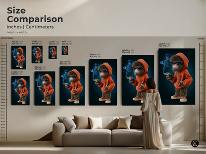 Size comparison of streetwear monkey prints. See how the cartoon animal artwork fits above a couch. Various sizes from small to large are available. The orange hoodie wall decor adds a pop of color. It enhances any room. Find the ideal size for your home or office.