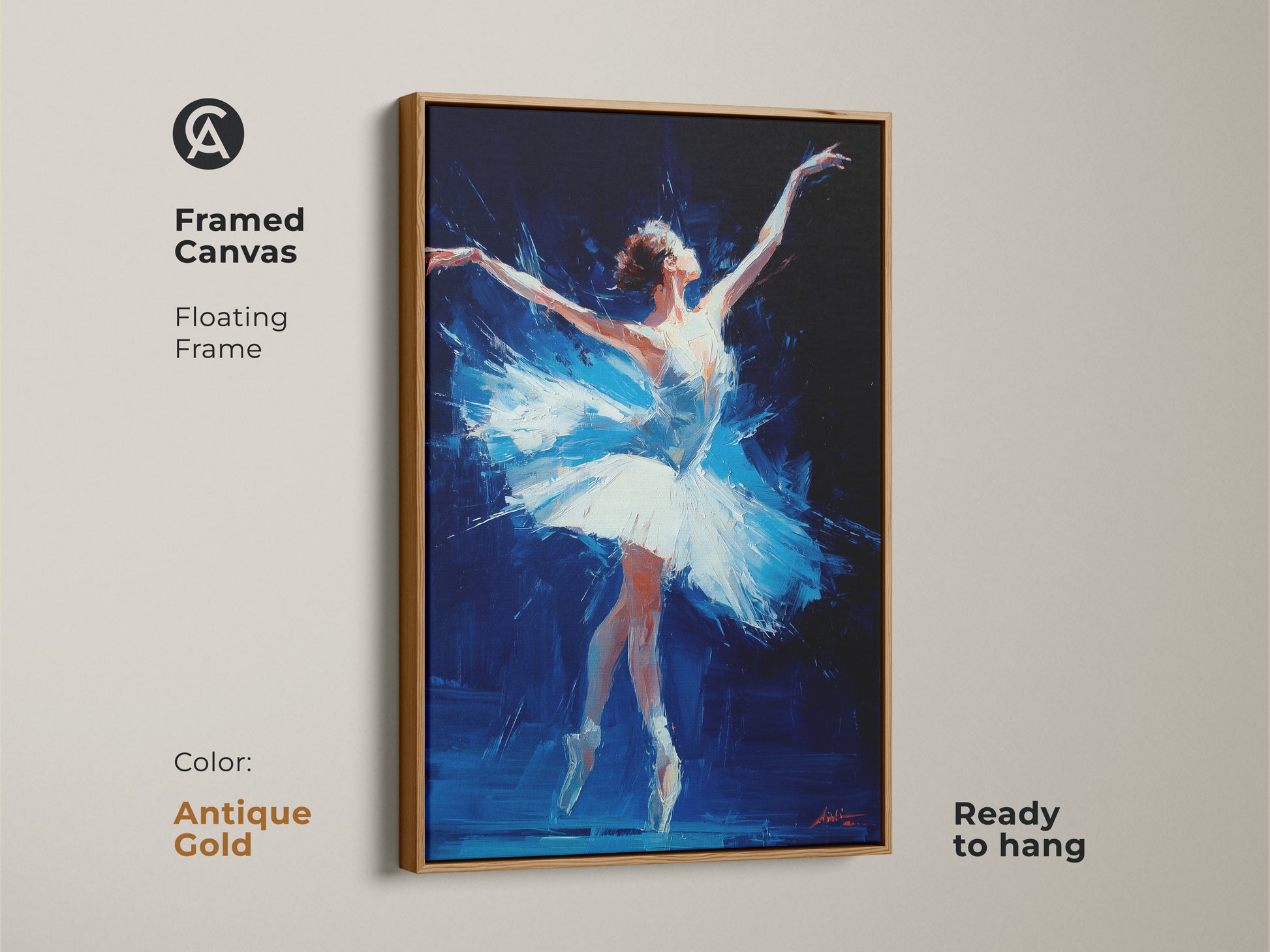 Framed canvas ballerina art in an antique gold floating frame. The oil painting style highlights the tutu. This ready-to-hang artwork adds a touch of luxury. The ballerina looks elegant. Elevate your home decor