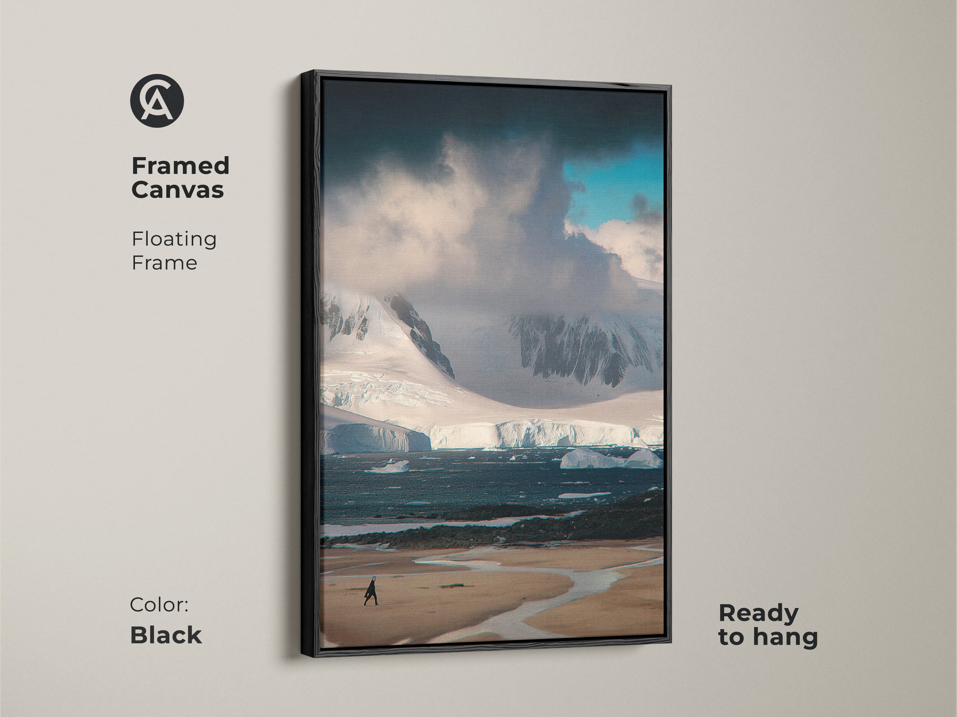 Black framed canvas featuring Antarctica landscape photography. A minimalist iceberg wall art. Blue teal ocean art brings the Arctic to your home. This nature artwork is ready to hang