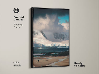 Black framed canvas featuring Antarctica landscape photography. A minimalist iceberg wall art. Blue teal ocean art brings the Arctic to your home. This nature artwork is ready to hang