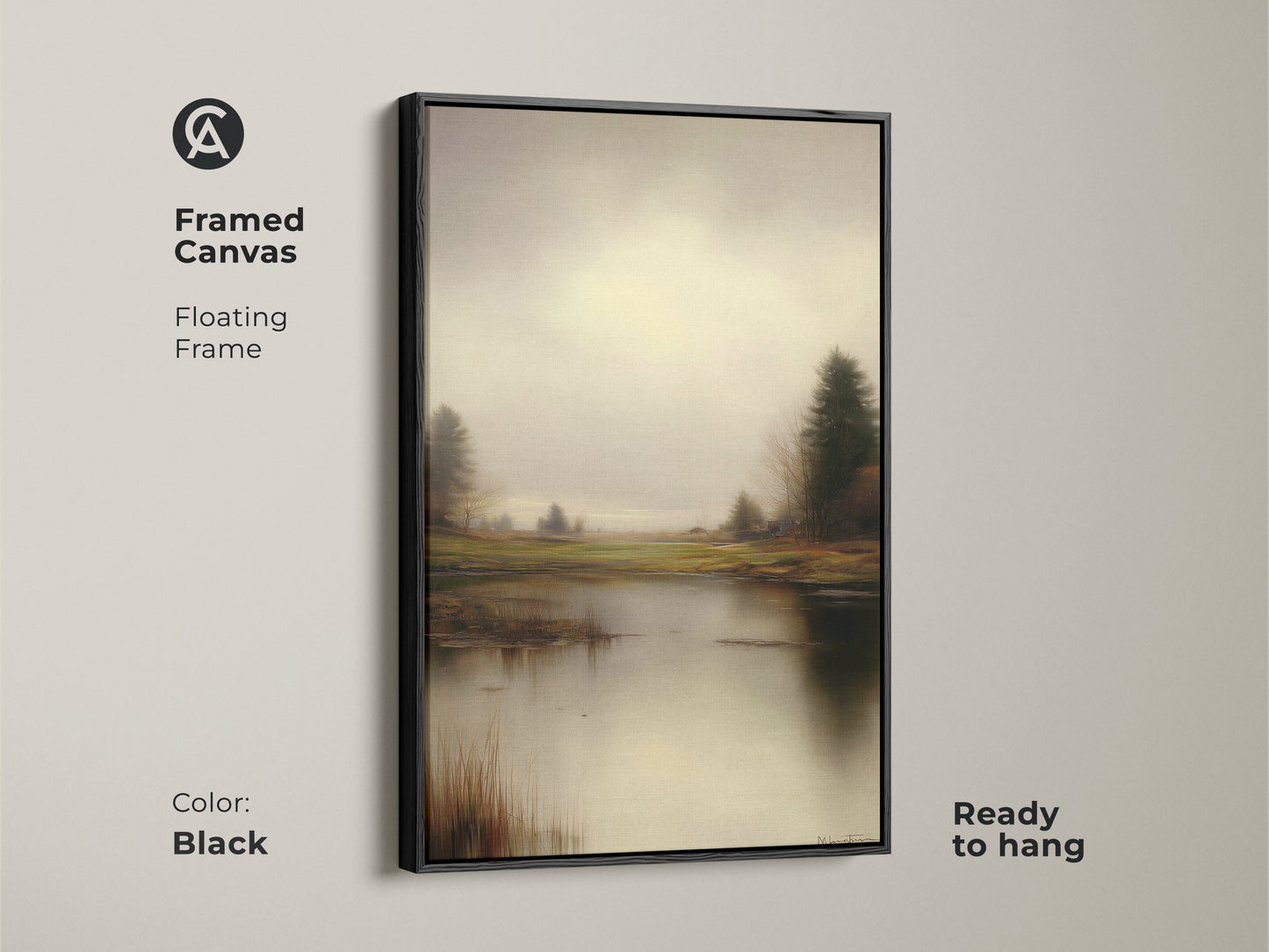 Framed canvas in black displays a rustic lake & trees print. The floating frame enhances the impressionistic style. The gray green nature artwork is ready to hang for residential wall art.