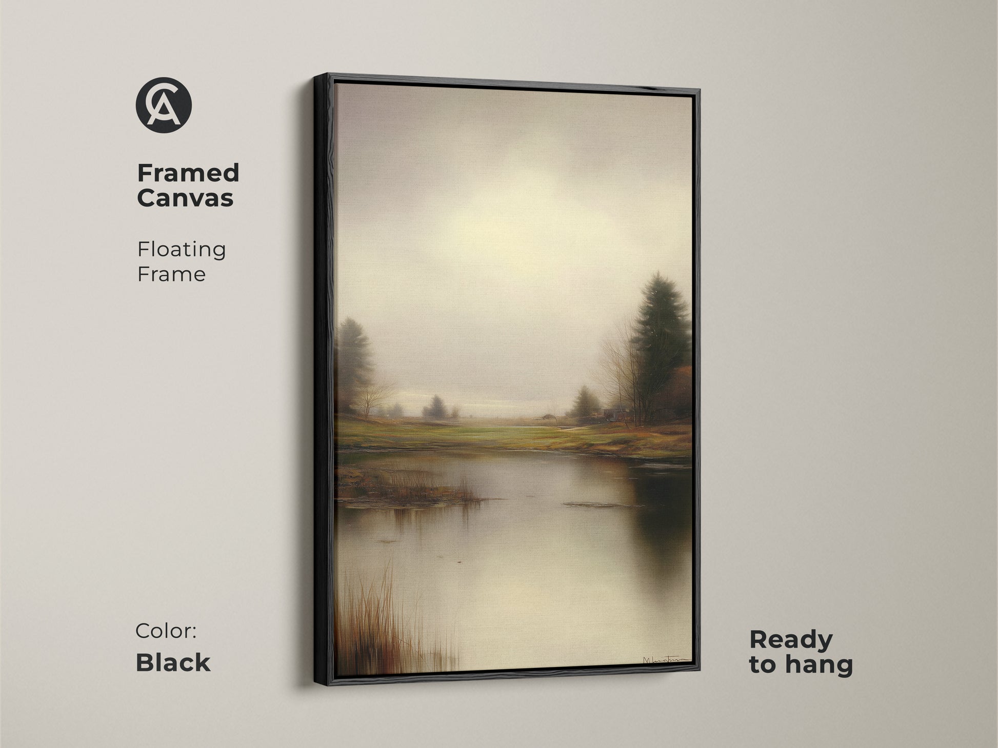 Framed canvas in black displays a rustic lake & trees print. The floating frame enhances the impressionistic style. The gray green nature artwork is ready to hang for residential wall art.