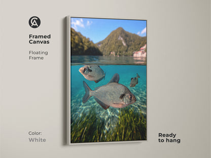 White Framed Canvas of underwater fish. It shows a lake scene wall. Coastal nature is captured in this print. The blue green animal artwork is ready to hang. A unique fishing gift for wall decor.