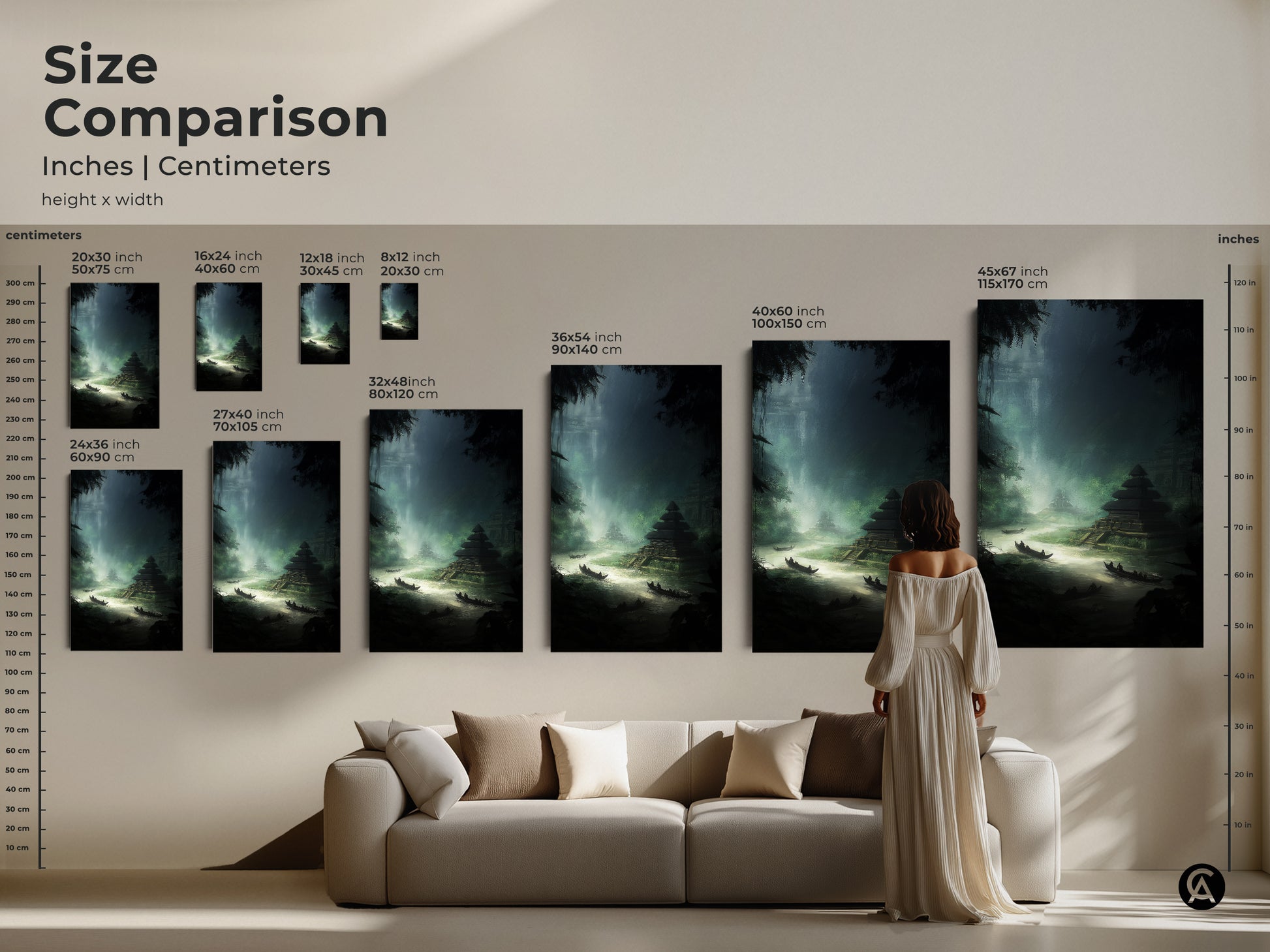Size comparison of the emerald jungle temple canvas artwork. See how different sizes fit above a sofa and with a person for scale. This forest green river landscape canvas print is an atmospheric addition to any home decor travel enthusiast gift.