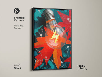 Framed canvas featuring abstract light bulb artwork with a floating black frame. The red orange and teal tones enhance this office decor. Ready to hang. It makes a unique gift for entrepreneurs or new job celebration.