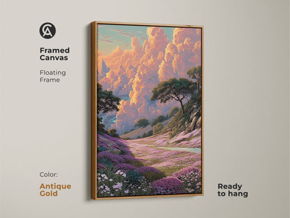 Antique gold framed canvas of a colorful floral hill print. This fantasy landscape wall hanging enhances your home decor. Ready to hang this art piece brings a touch of nature indoors. Ideal for creating a serene and stylish atmosphere in any room.