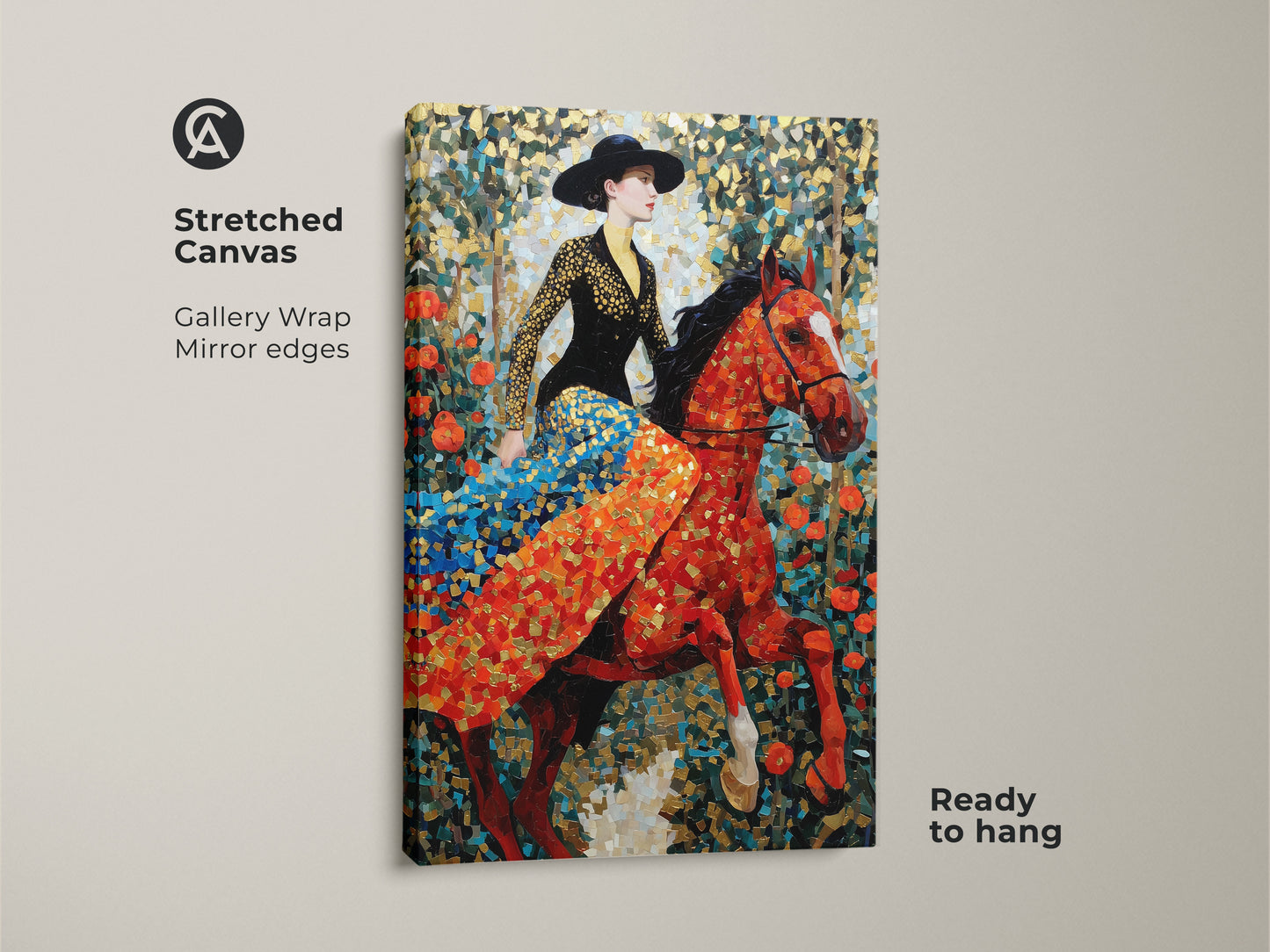 A stretched canvas showcases an eclectic equestrian print. This mosaic horse rider wall art has gallery wrap mirror edges. The red orange gold art nouveau style is ready to hang. The woman on a horse artwork brings color to any wall. Get this unique mosaic painting today.