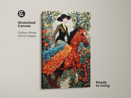 A stretched canvas showcases an eclectic equestrian print. This mosaic horse rider wall art has gallery wrap mirror edges. The red orange gold art nouveau style is ready to hang. The woman on a horse artwork brings color to any wall. Get this unique mosaic painting today.