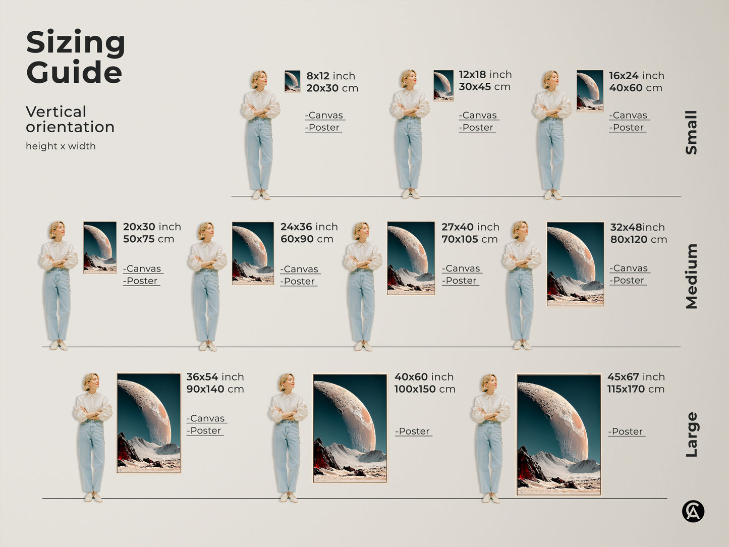 Sizing guide for vertical surreal space landscape art. See how different sizes fit in a room. Choose from canvas or poster options in small medium and large. Transform your living space with captivating cratered planet artwork in various sizes. Perfect for any home.